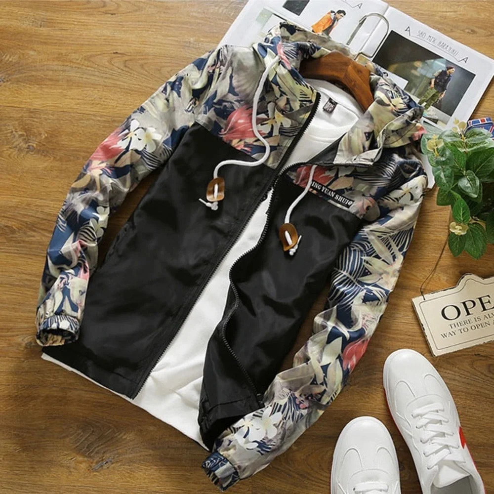 Casual Floral Print Lightweight Hooded Jacket Windbreaker size Large